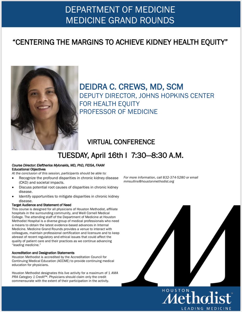 What a privilege to have @DrDeidraCrews present to us for @MethodistHosp Medicine Grand Rounds. An amazing presentation! Working towards achieving Kidney Health Equity! @ASNKidney @JHhealthequity @JHUWelchCenter