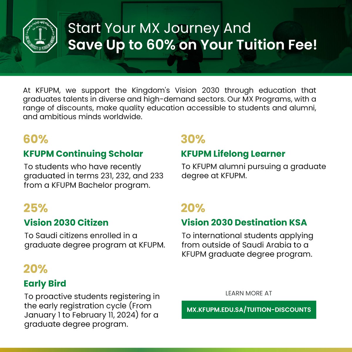 Seize the opportunity to make your dream of earning a master's degree from #KFUPM a reality! Selected students are offered up to 60% discounts on tuition fees for the Master's (MX) program. Apply now! For more info & Application: mx.kfupm.edu.sa