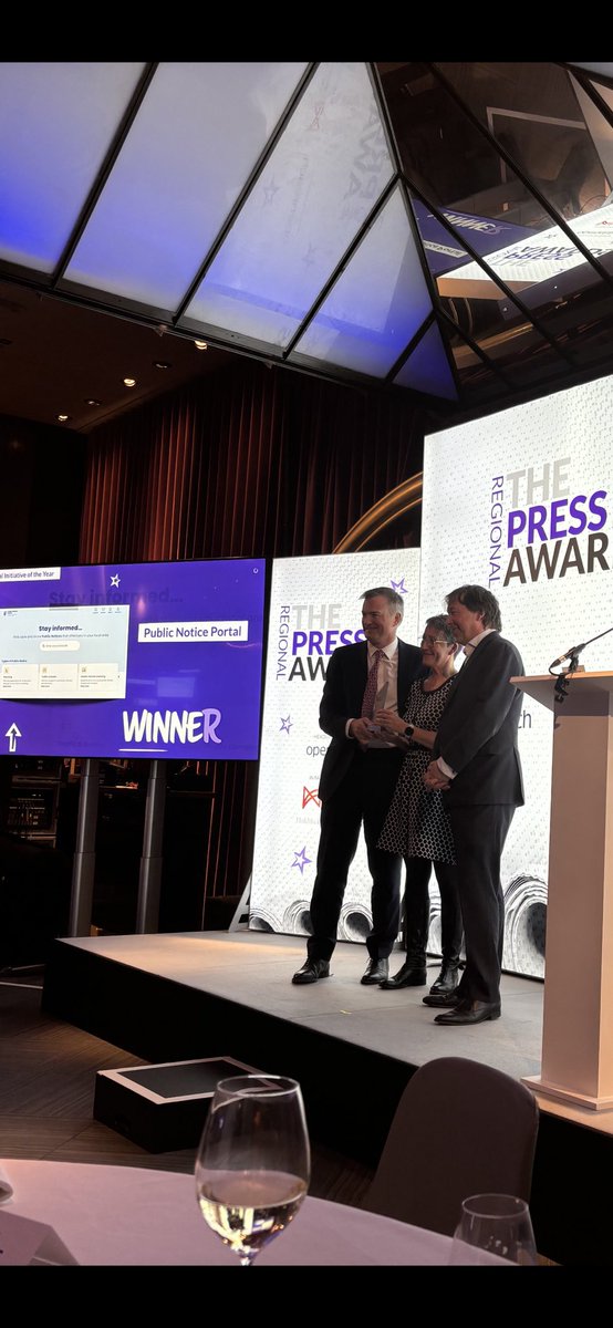 Great to see the Public Notice Portal recognised at the @RegPressAwards today winning Digital Initiative of the Year @GoogleNewsInit @FaureWalker