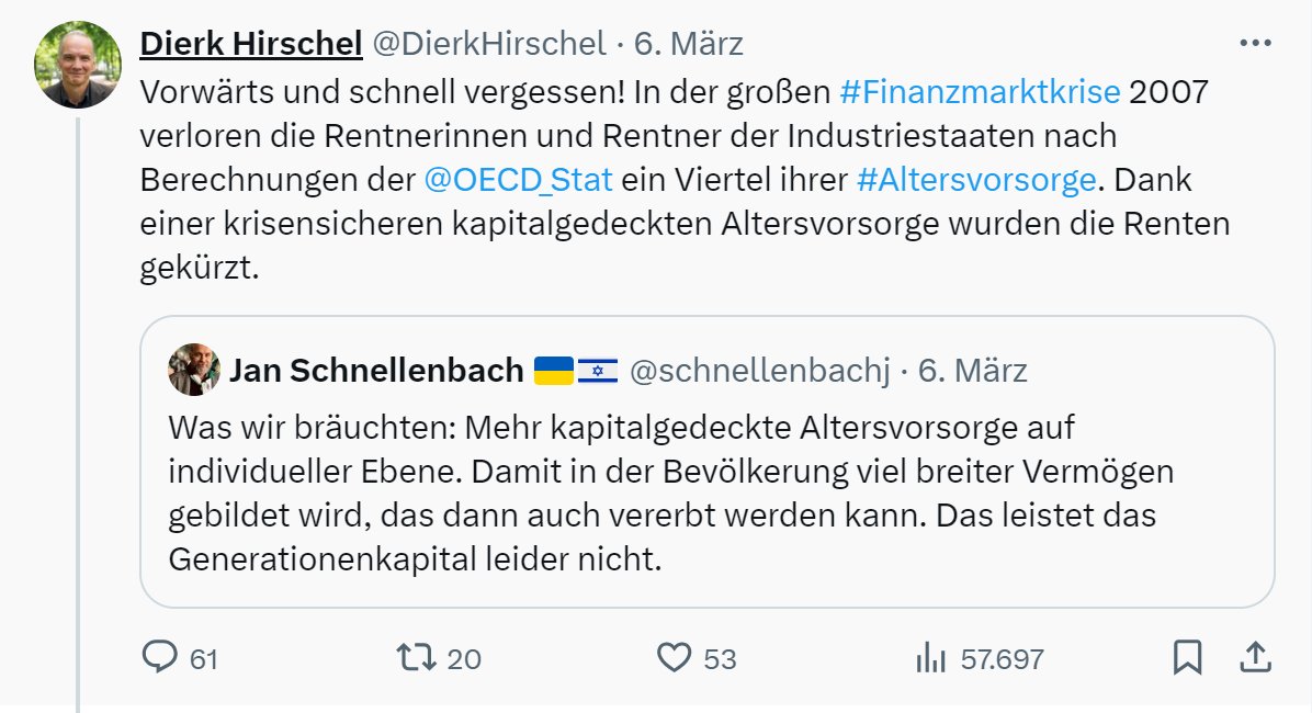 Jedes Jahr kommen die selben Tweets zu den selben Meldungen. Und während der 'Chef-Ökonom' noch am 6. März gegen die Aktienrente wetterte, weil diese eine Rentenkürzung darstelle, kommt 4 Wochen später, dass Börsenschwergewichte ihre Aktionäre 'beschenken' würden. 

Wer…