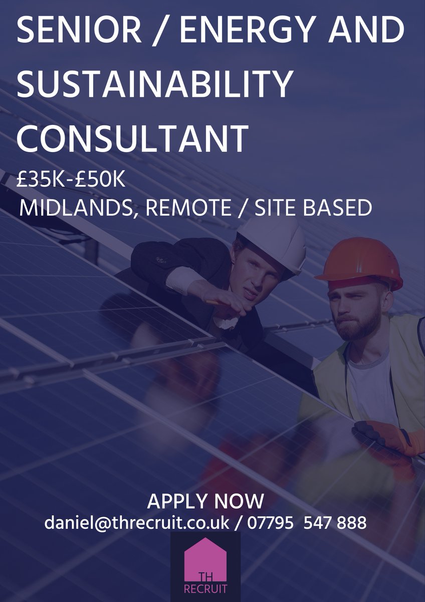 TH Recruit (@taylorherrickrc) on Twitter photo Senior / Energy & #SustainabilityConsultant vacancy β West Mids, remote/site based
Ready to make a difference in Energy & sustainability? Join us at TH Recruit partnering with a leading Sustainability Consultant!
Β£30k-50K + benefits.
Apply now! CV to Daniel@THrecruit.co.uk Senior / Energy & #SustainabilityConsultant vacancy β West Mids, remote/site based
Ready to make a difference in Energy & sustainability? Join us at TH Recruit partnering with a leading Sustainability Consultant!
Β£30k-50K + benefits.
Apply now! CV to Daniel@THrecruit.co.uk