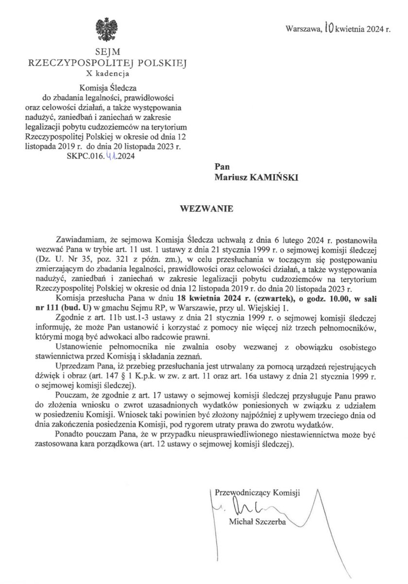 Panie @Kaminski_M_, #KomisjaWizowa czeka na Pana czwartkowe zeznania o 10:00, mimo że konsekwentnie unika Pan listonosza. 'Uczciwi nie mają się czego bać'.