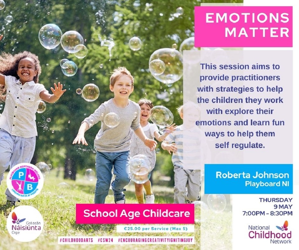 Webinar for school-age childcare providers - Emotions Matter Join PlayBoard & @ncn4children on 9 May at 7pm for this online session which will provide practitioners with strategies to help children explore their emotions & learn fun ways to self-regulate ncn.ie/events/emotion…