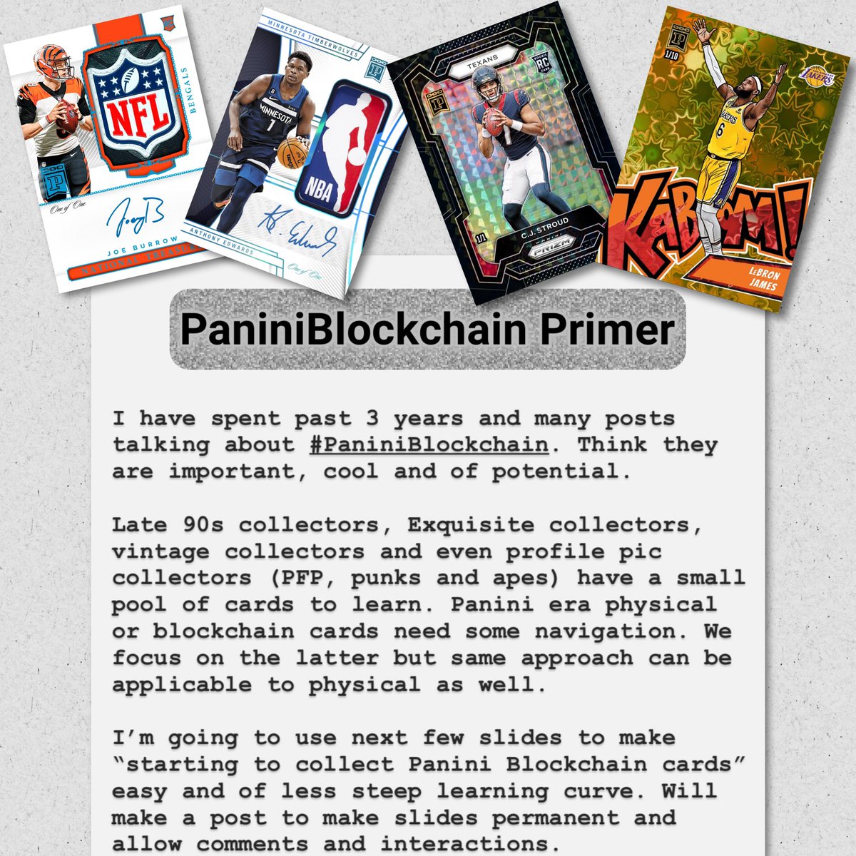 A quick guide on #PaniniBlockchain cards. 10-post 🧵. Everything you need to know &amp; how to start on a fast track with a correct perspective.

🗝️Make learning curve 0
🗝️only 10 slides, self-contained, free
🗝️frictionless, opps abound.

#whodoyoucollect <a href="/PaniniAmerica/">Panini America</a> 

👉 page 1️⃣