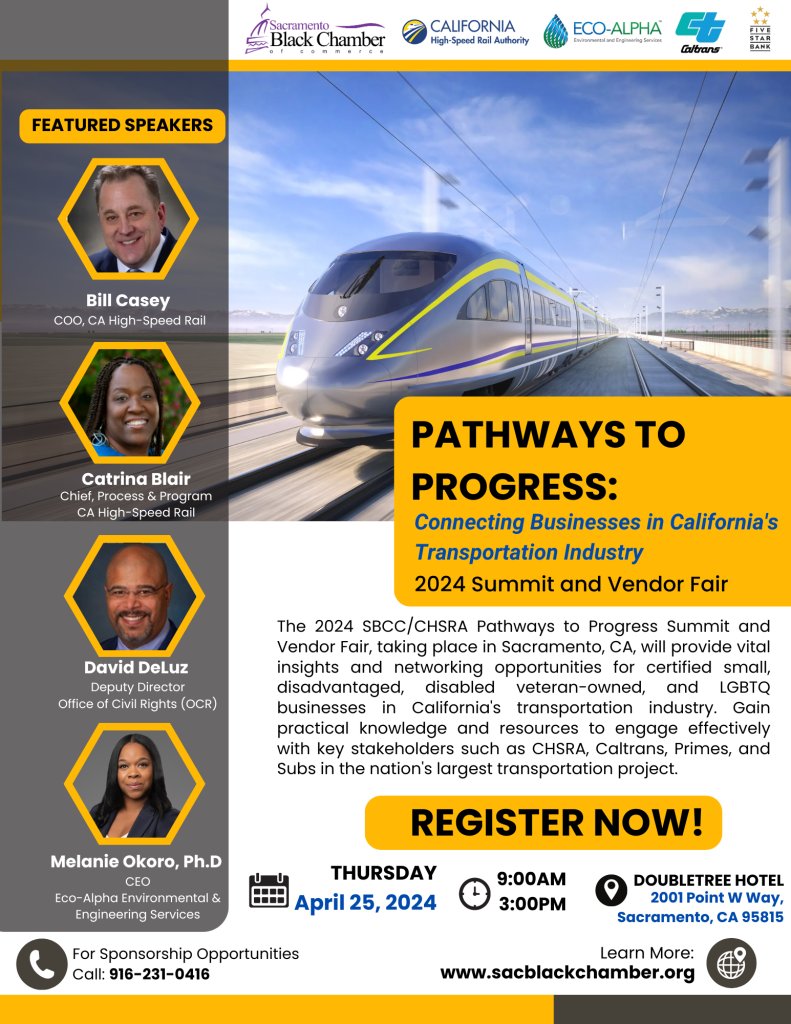 Join Eco-Alpha CEO Melanie Okoro at the 2024 SBCC/CHSRA Pathways to Progress Summit & Vendor Fair on 4/25! Can't wait to see you there!
@cahsr
@CaltransHQ
@SacBlackChamber
Register here: hubs.li/Q02s_0ZN0 #ecoalpha #ecoalphaengineering #minorityowned #womenowned #WBENC