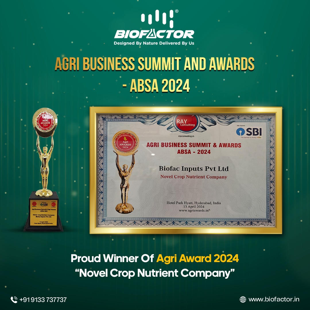 BiofactorIndia's tweet image. Thrilled to announce that #Biofactor is the proud winner of the #AgriAward2024 in the 'Novel Crop Nutrient Company' category! 🌱🏆 Thank you to our dedicated team and supporters who've helped us grow innovations for a sustainable future.