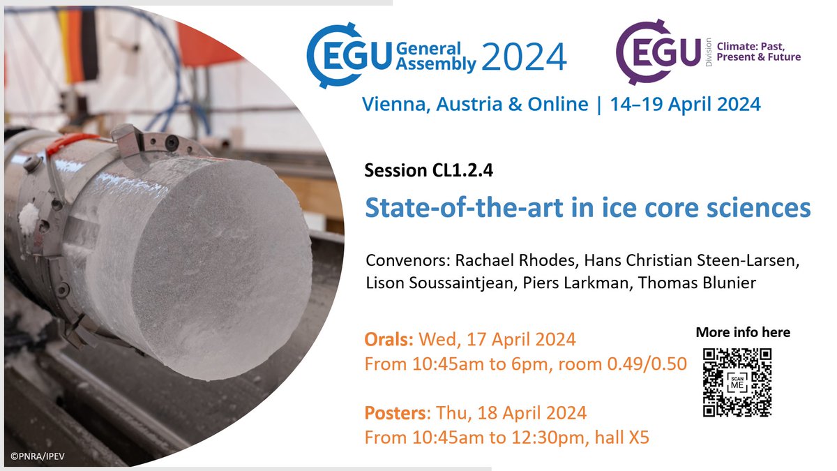 #icecore
Don't miss the ice core session & networking event at #EGU24 

-> Orals on Wednesday from 10:45 to 18:00, room 0.49/0.50

-> Evening social event open to everyone on Wednesday from 19:00 at Zattl Wirtshaus & Biergarten

-> Poster on Thursday, from 10;45 to 12:30, hall X5