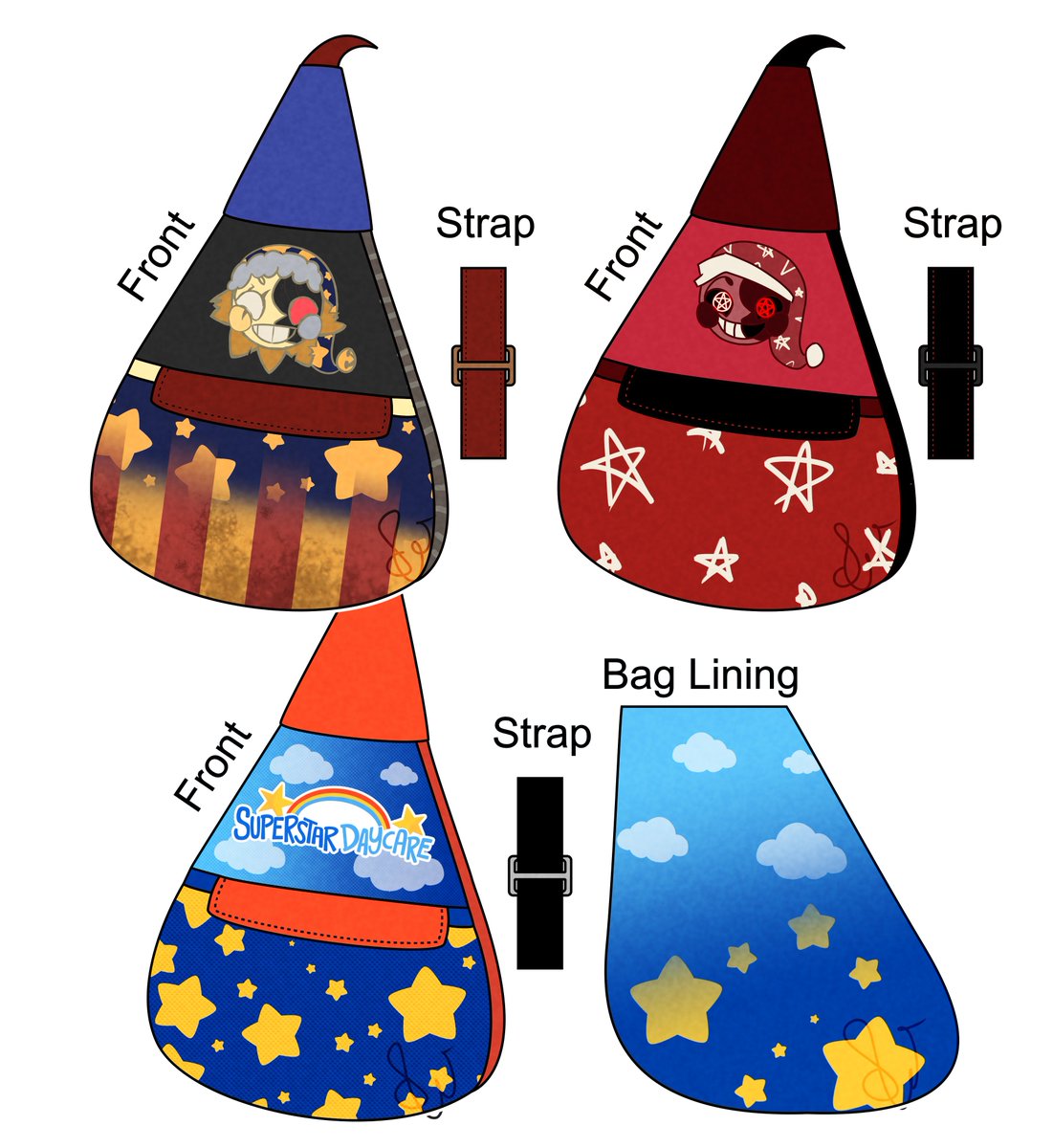 more bag designs~
Eclipse, Bloodmoon, and Superstar Daycare!
(I lowkey wanna make a Solar now but I gotta finish DJ first!) 
#fnaf #FiveNightsAtFreeddys #fivenightsatfreddys #eclipse #bloodmoon #TSAMS #fnafsecuritybreach #sundrop #moondrop #fnafeclipse #daycareattendant