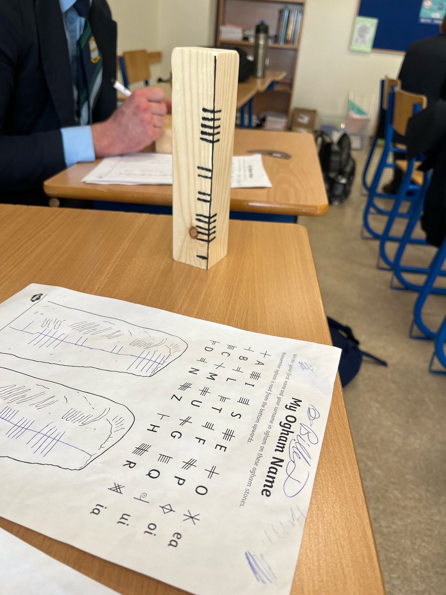 TY Irish class carving their names in Ogham in the sun ☀️ #StGSTY