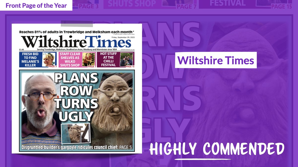 Congratulations to @wiltshiretimes @danchipperfield @trystwilliams and @WalesOnline on being highly commended in the Front Page of the Year category at the #RegionalPressAwards 2024!
