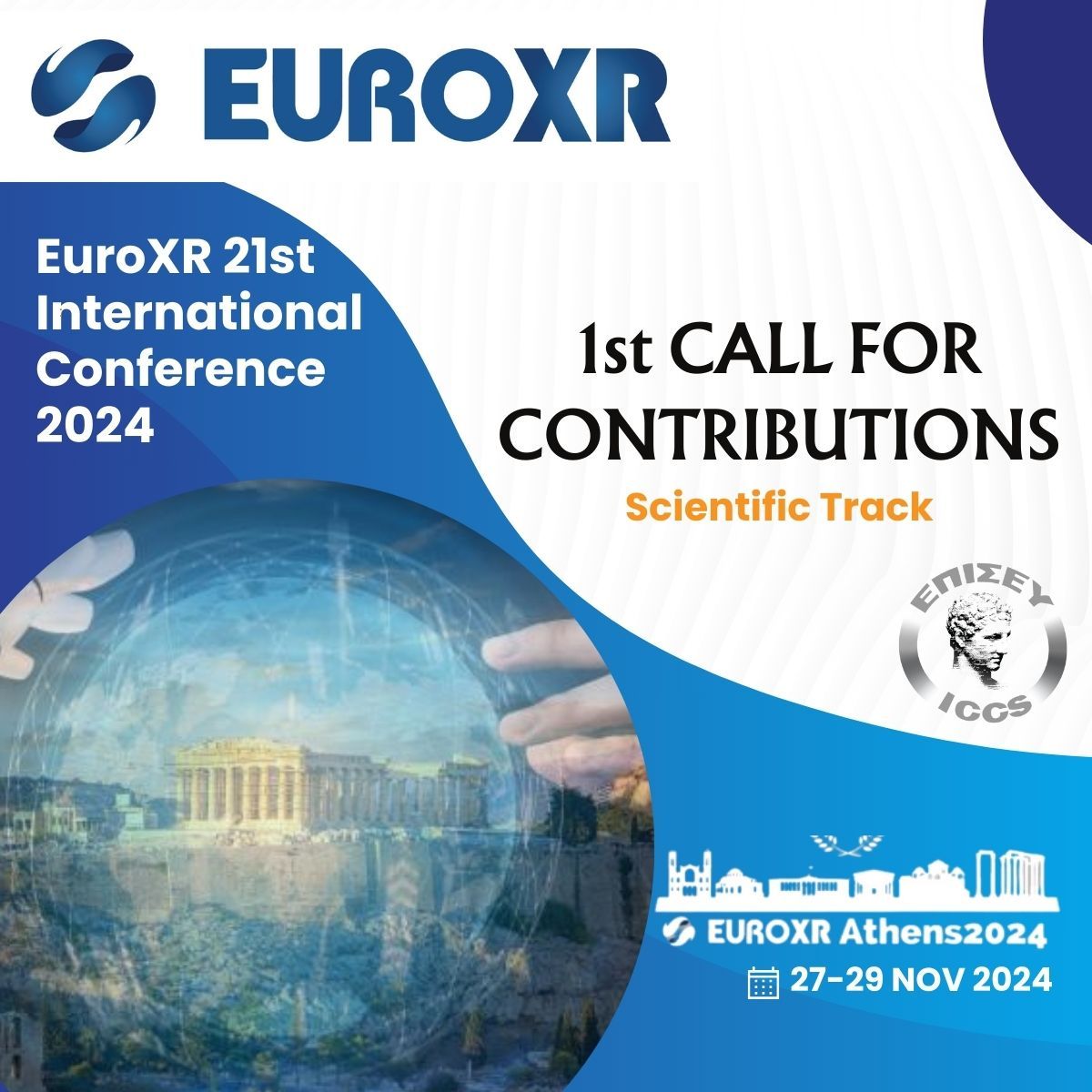 🚩Passionate about #VR, #XR, or #AR? The 21st @Euro_XR International Conference is coming to Greece on November 27-29, 2024! 👉1st Call for Submissions: Submit your abstract on topics like technologies, human factors & applications at go.iccs.gr/avenmv #EuroXR2024 #EuroXR