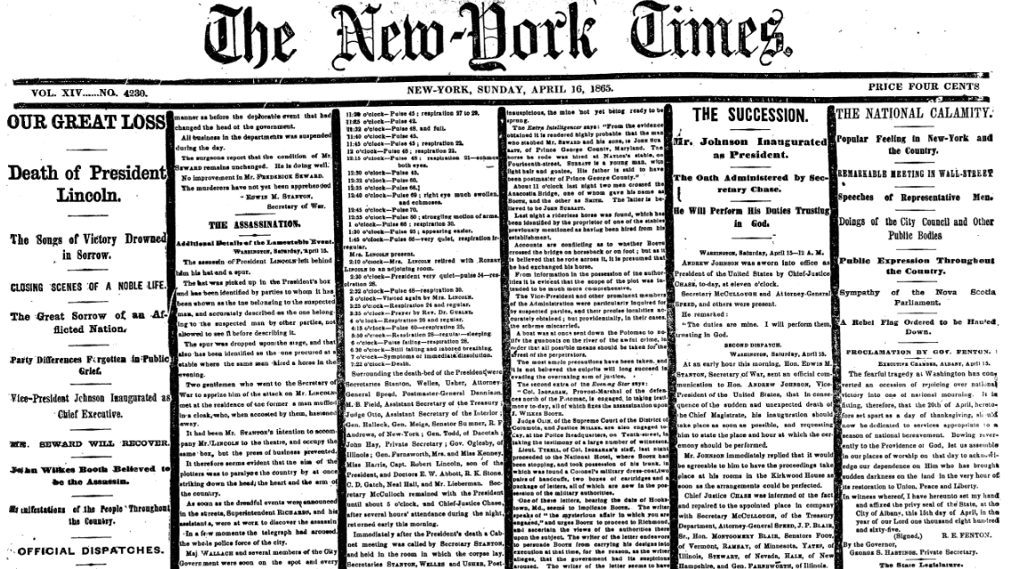 The New York Times on this date April 16 in 1865: Lincoln assassinated. #OTD