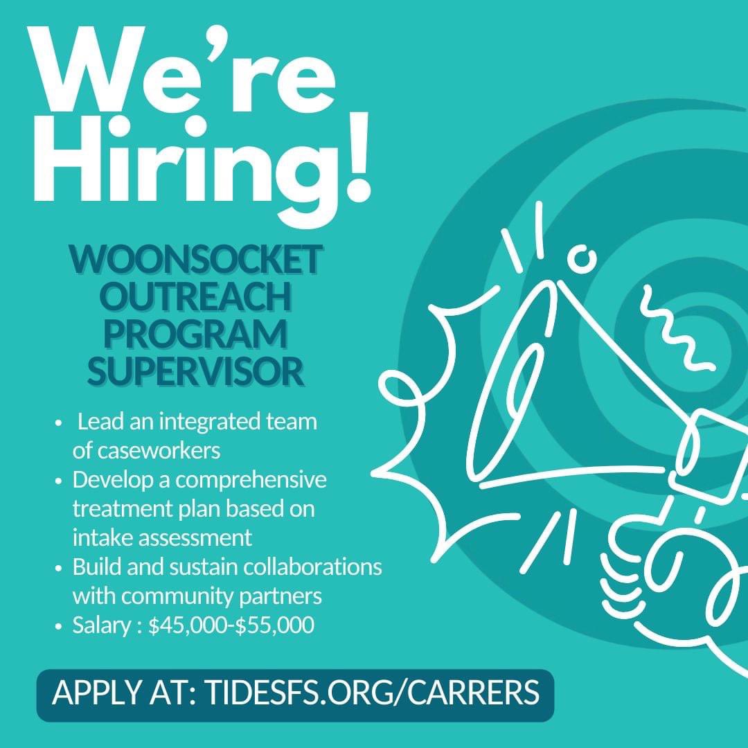tidesfamilysvs's tweet photo. Tides is hiring an Outreach Program Supervisor in WOONSOCKET!!! Join our team today. #TeamTides
Apply here now: https://t.co/pci50xKPlq https://t.co/nObTO3kHki