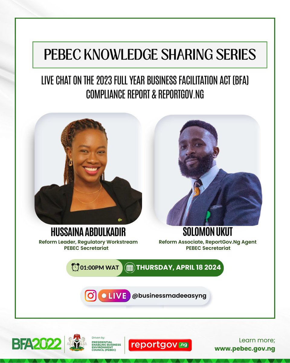 As part of strategic efforts to enhance public awareness of key business reforms, we're kick-starting the PEBEC Knowledge Sharing Series. Join us this Thursday by 1:00pm WAT for insights on the Full Year BFA Compliance Report & an introduction to the benefits of ReportGovNG.