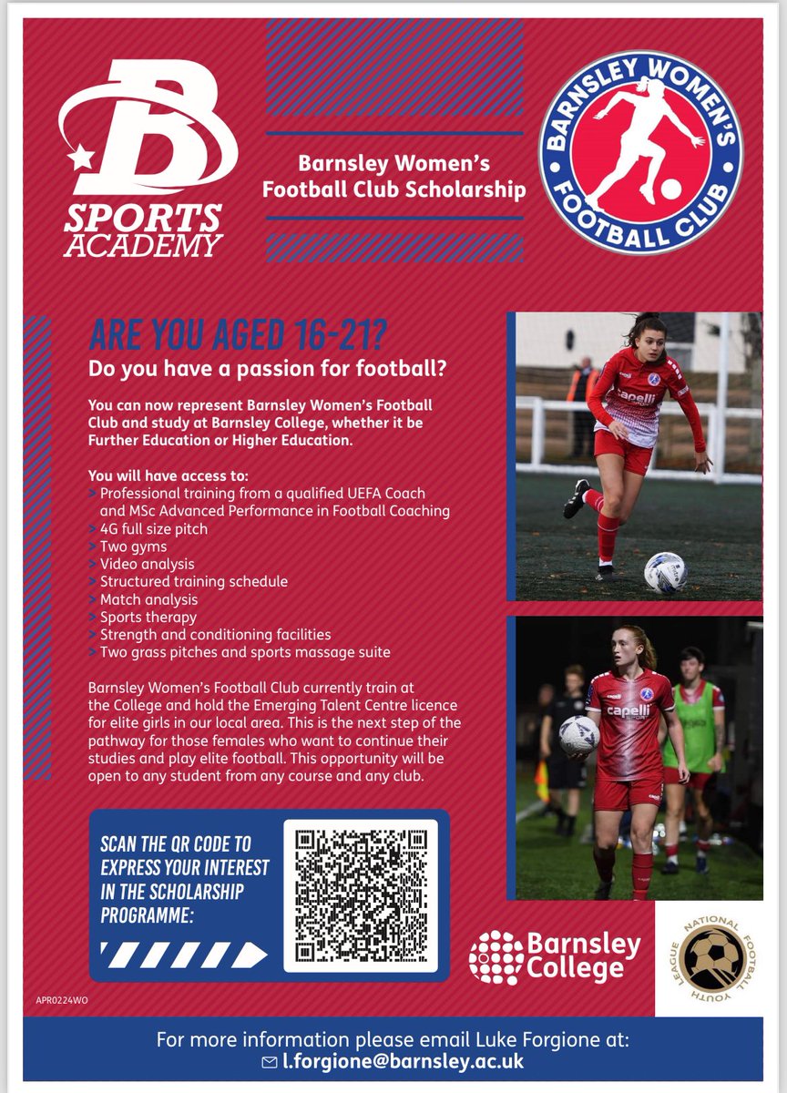 🚨 Attention Year 11 ⚽️ 

Barnsley College Football Provision 2024/25 

@OutwoodShafton @barnsleycollege @BSASchoolGames