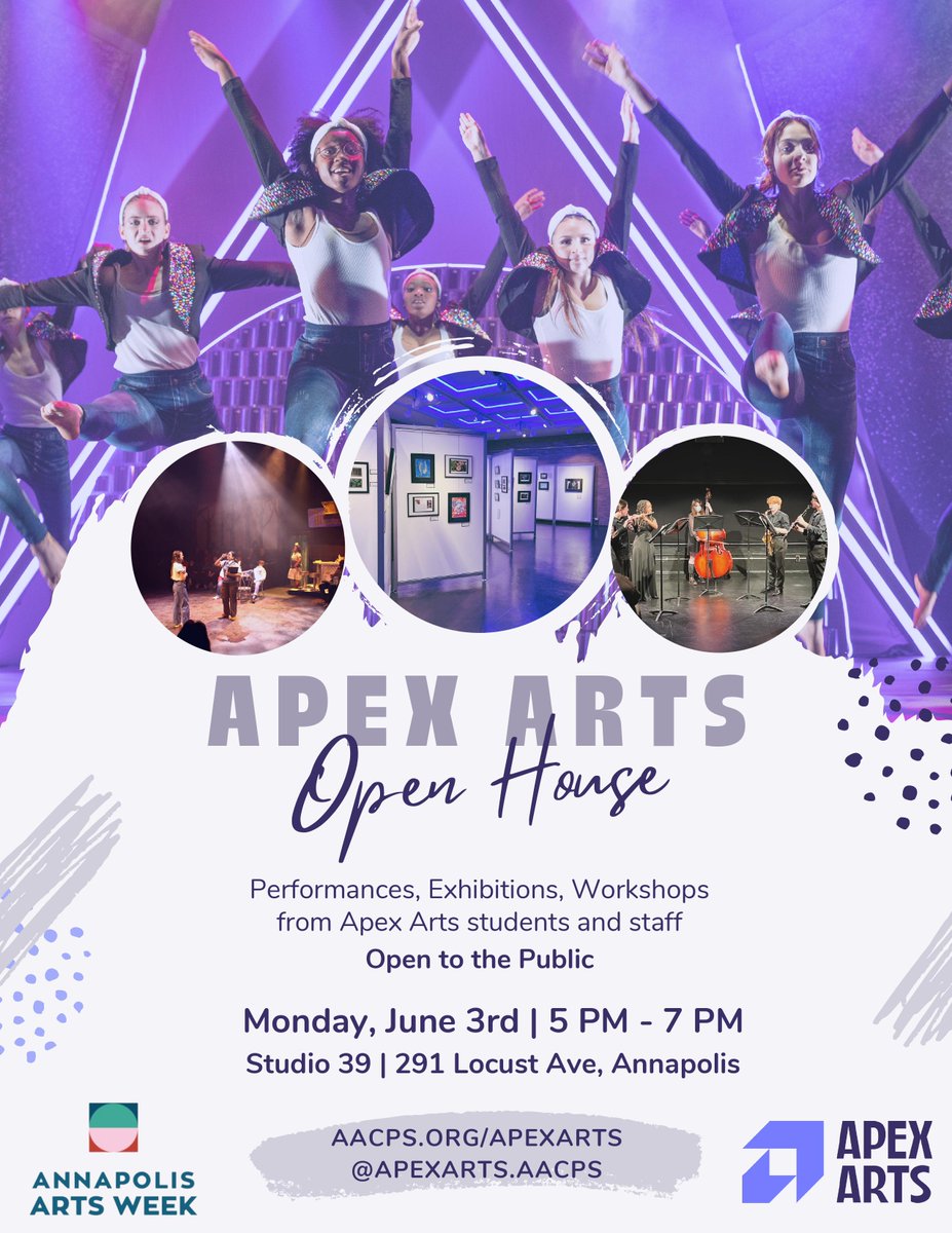 Don't miss <a href="/ApexArts_aacps/">Apex Arts AACPS</a> at the Apex Arts Open House at Studio 39 on June 3 during Annapolis Arts week. We will have performances, exhibitions, and workshops from Apex Arts students and staff. Open to the public! #aacoarts #aacps #aacoartsmonth