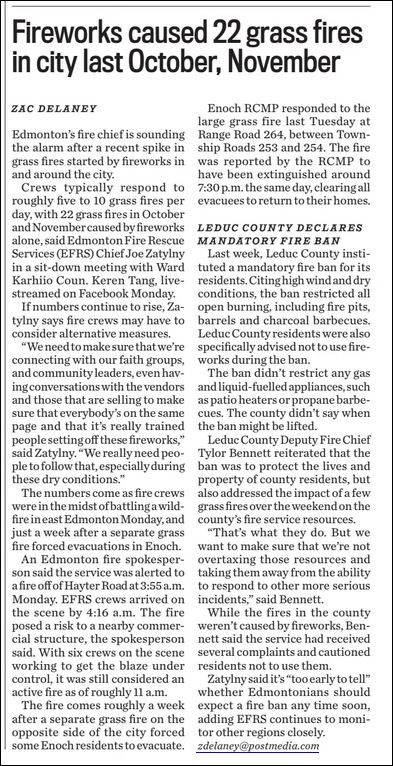 In today’s @EdmontonJournal 560 words from Zac Delaney (@ZacharyDelaney) about fireworks causing grass fires in the Edmonton area and fire bans in Leduc. No mention of the climate change / fossil fuel connection. #WhereIsTheWhy? #ClimateCrisis #EndTheSilence @EndClimtSilence