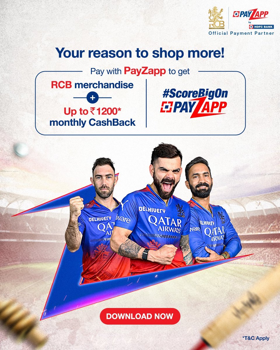 Don't halt your shopping and keep on scoring to win RCB merchandise and up to ₹ 1,200* monthly CashBack in the #ScoreBigOnPayZapp contest. Download PayZapp by clicking the below link and start scoring now. v.hdfcbank.com/payzapp/index.… #HDFCBank #Payment #RCB #Payment #Cricket