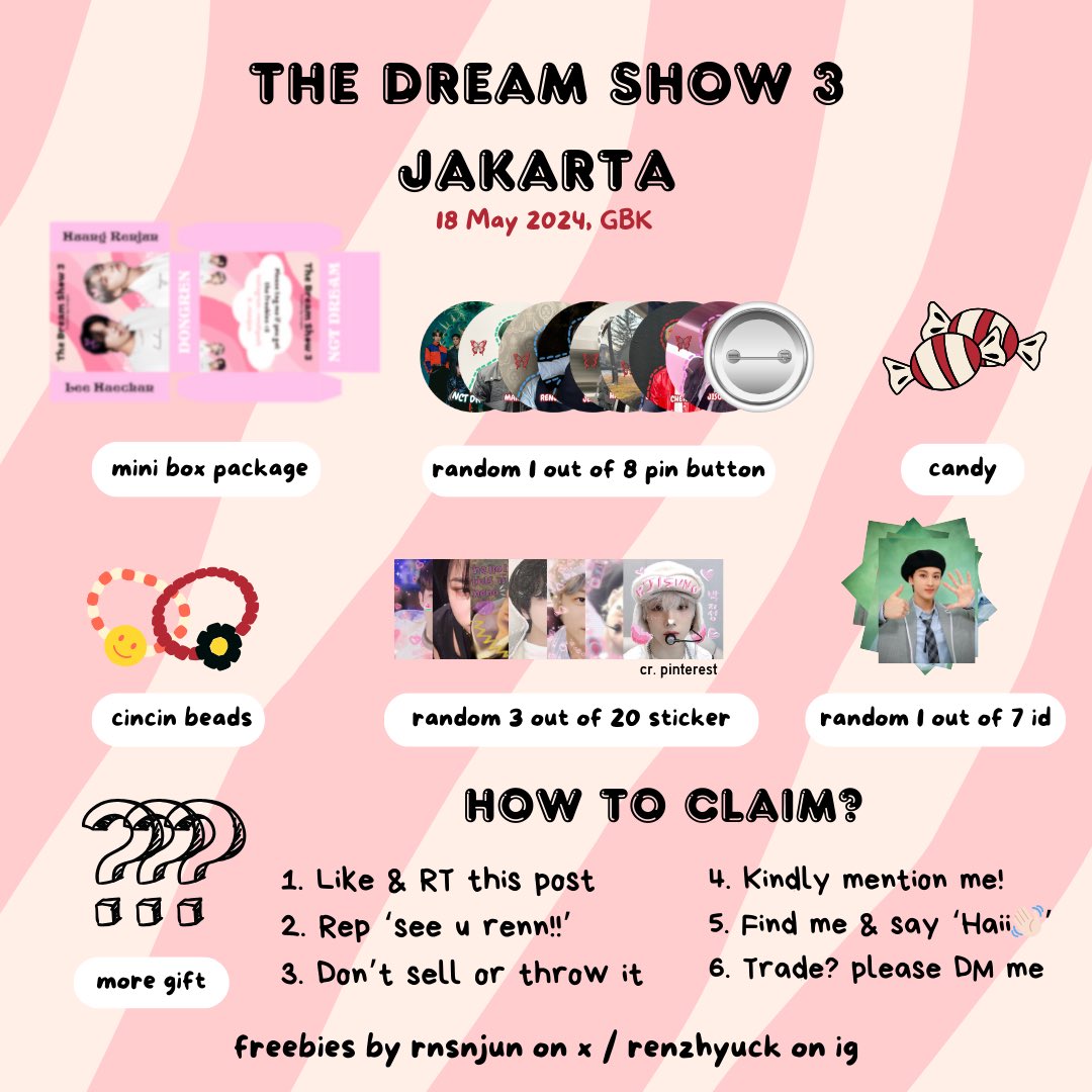 >>> help rt and like🧸 🎀FREEBIES TDS THE DREAM SHOW 3 JKT by @rnsnjun ⚠️limited quantity 💌for trade please dm<3 mff kalo banyak random kaya SM😭 kindly mention me if u get the freebies, see you there! @NCTsmtown_DREAM #TDS3INJAKARTA