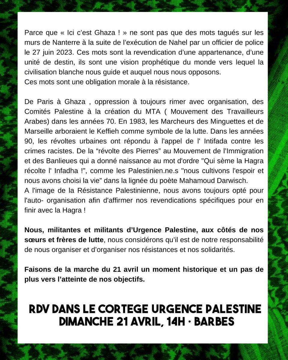 ✊🇵🇸 Dimanche 21 avril, nous marchons contre le colonialisme, le sionisme et le racisme d’état. Rejoignez le cortège UP dans la @marche21avril contre les racismes, l’islamophobie et pour la protection de tous les enfants. Communiqué d’@urgencepalestine ⬇️ #marche21avril