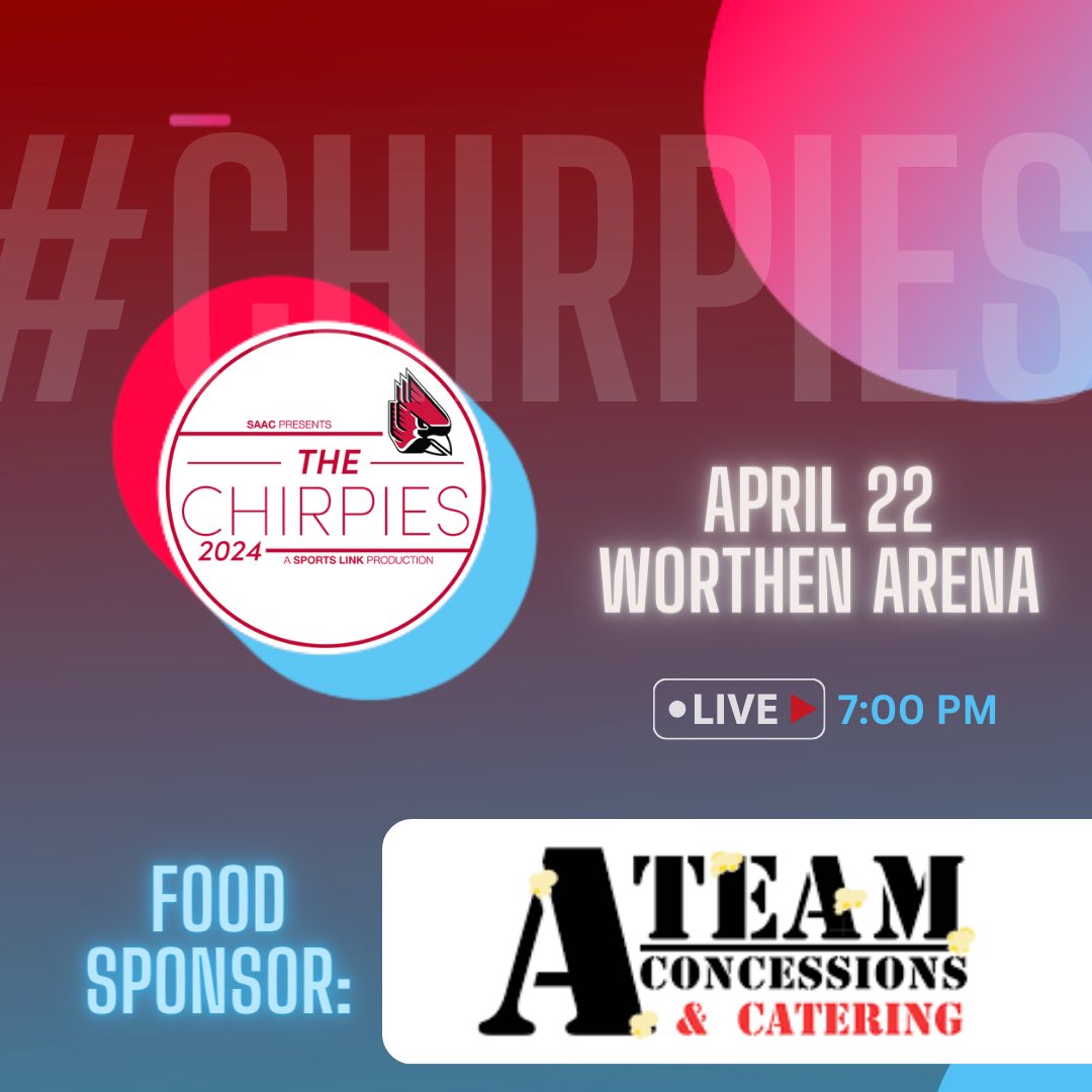 The #Chirpies food sponsors. 🔥 April 22 at Worthen Arena. 5p Red Carpet arrivals and pre party. 7p Awards Show. #BallState #ChirpChirp #WeFly #AwardsNight