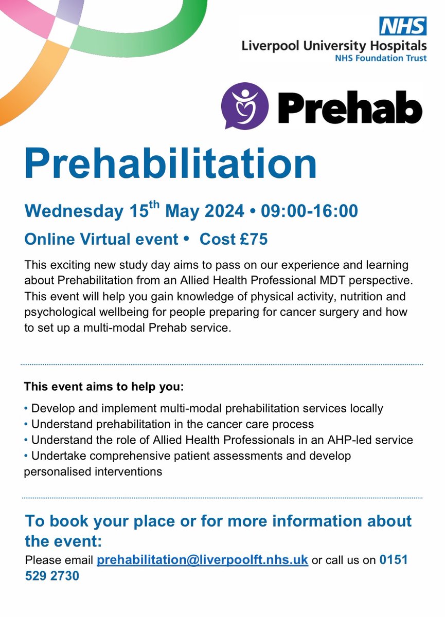 LiverpoolPrehab's tweet photo. Are you looking at setting up a Prehab service in your local trust? One month left to book on to our Prehab study day! https://t.co/vckrl89qCS