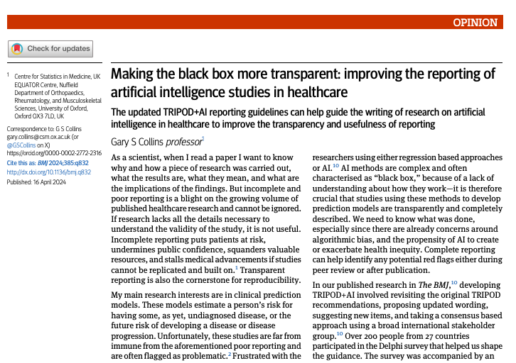 A short @BMJ_latest opinion piece by me on TRIPOD+AI and its development can be found here bmj.com/content/385/bm…