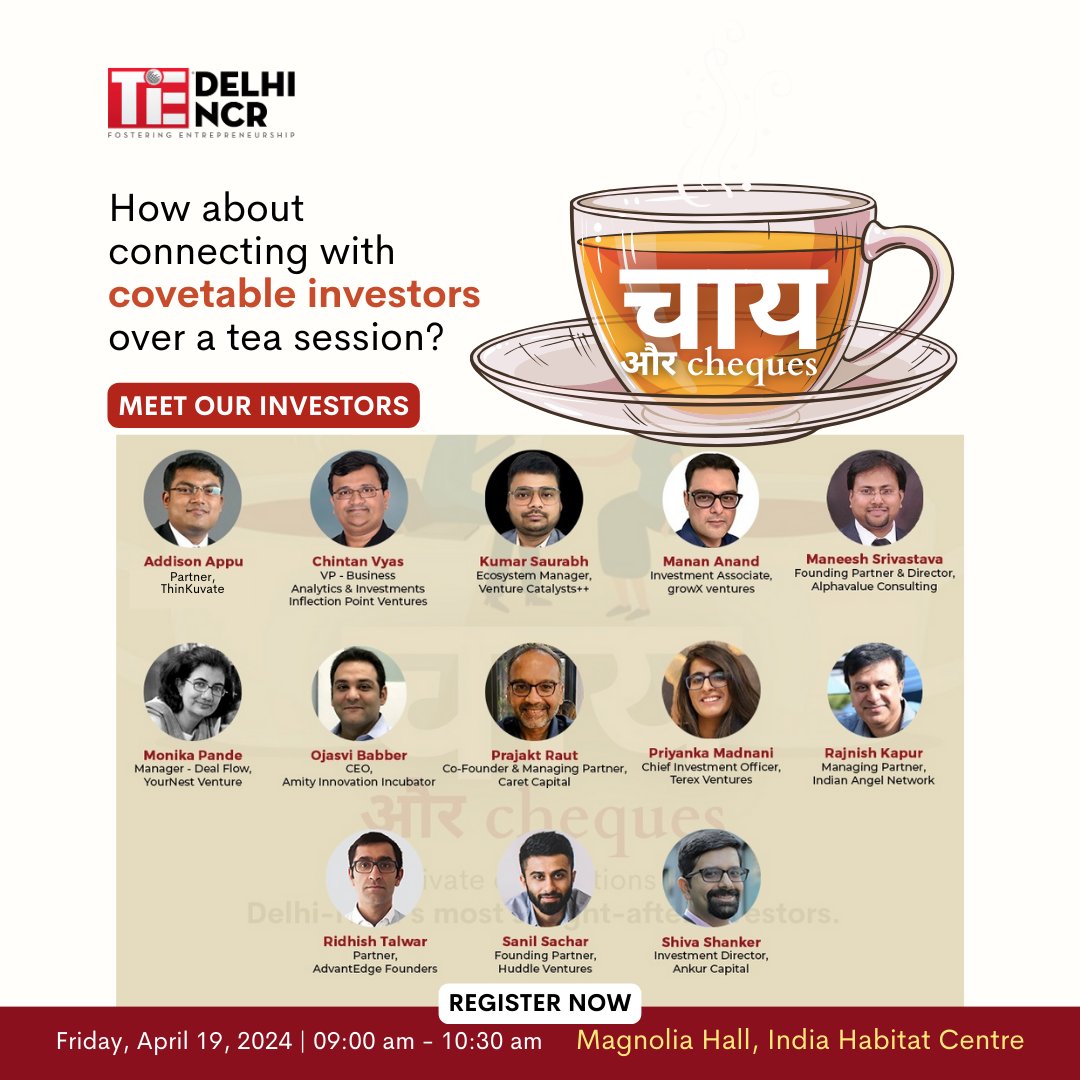 TiEDelhi's tweet photo. Mark your calendars for April 19! Are you ready to turbocharge your entrepreneurial journey?
Don't miss our formidable lineup!
Chai aur Cheques session - https://t.co/VTE8QMovkm
Startup Masterclass: https://t.co/TTG9ZSSce1
Associate Member: https://t.co/SbpAE6kUgm https://t.co/gUfzxQwQiw