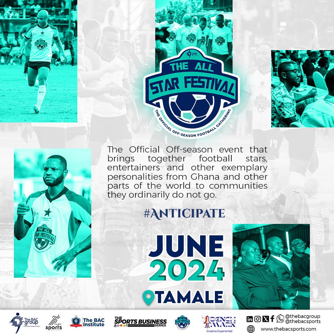 Kindly retweet.We are building up to Africa’s most iconic off-season football event, The All Star Festival in June 2024! You are invited to join us in Tamale this June, God willing! Stay tuned for the updates! @DrKoranteng. #AllStarFestival2024 #TheStarsAreComing