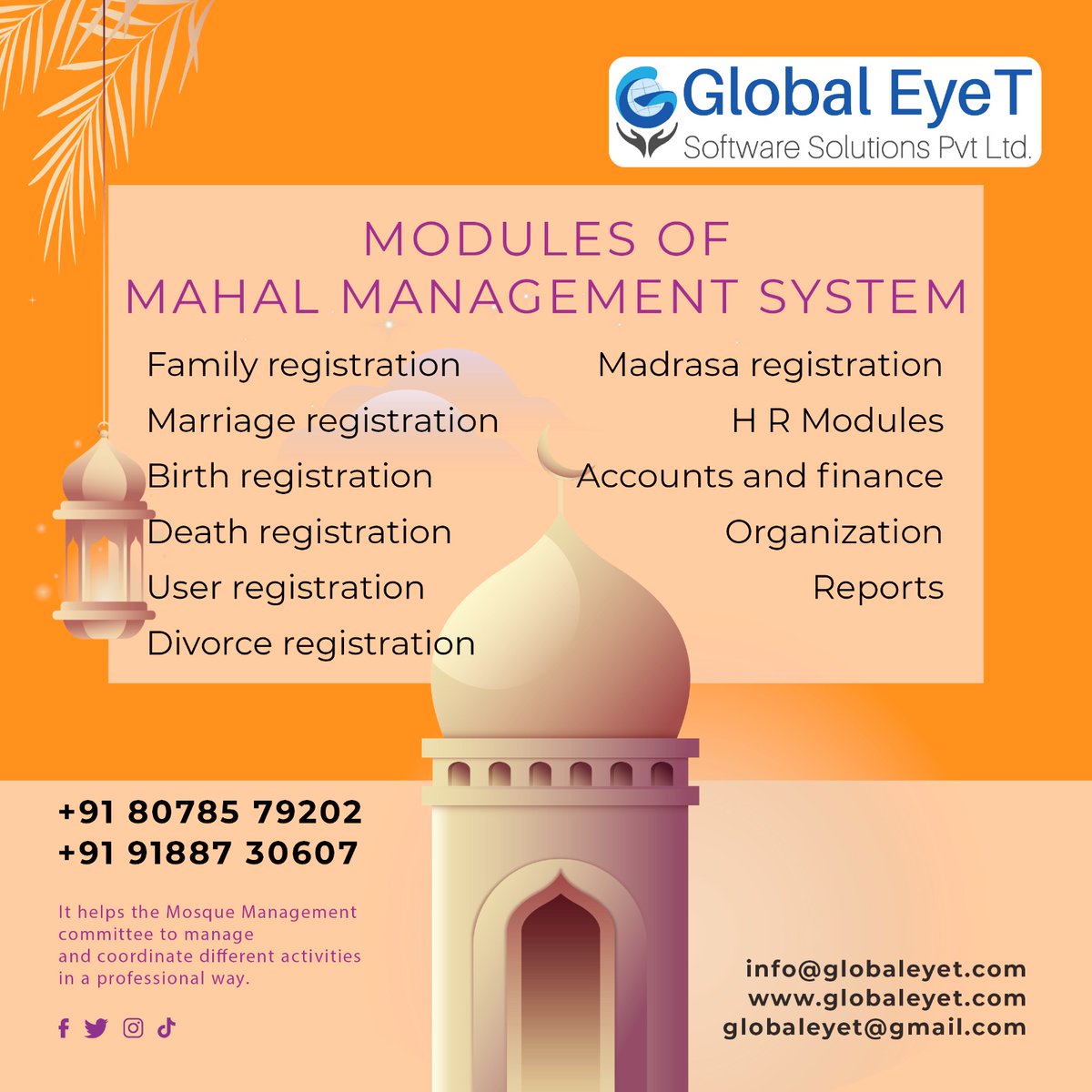 GlobalEyet's tweet photo. We are thrilled to unveil our state-of-the-art Mosque Management Software, designed to elevate the efficiency and organization of your mosque's operations. 
Ready to explore the future of mosque management? Contact us today for a personalized demonstration.  #MosqueManagement https://t.co/57uxe3EoEj