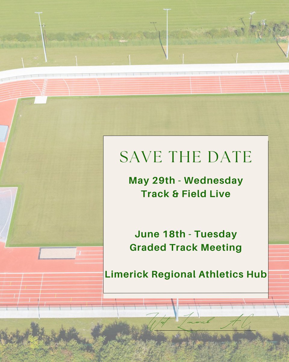 West Limerick AC (@westlimerickac) on Twitter photo ๐ข Save The Dates
๐ Wednesday May 29th
Track & Field Live Event.
๐ Tuesday 18th June Graded track meeting
Both events at the Limerick Regional Athletics Hub in Newcastle West.
Further details will follow once available.
<a href="/irishathletics/">Athletics Ireland</a> <a href="/LivScullyHahne/">Olivia Scully Hahne</a> ๐ข Save The Dates
๐ Wednesday May 29th
Track & Field Live Event.
๐ Tuesday 18th June Graded track meeting
Both events at the Limerick Regional Athletics Hub in Newcastle West.
Further details will follow once available.
<a href="/irishathletics/">Athletics Ireland</a> <a href="/LivScullyHahne/">Olivia Scully Hahne</a>