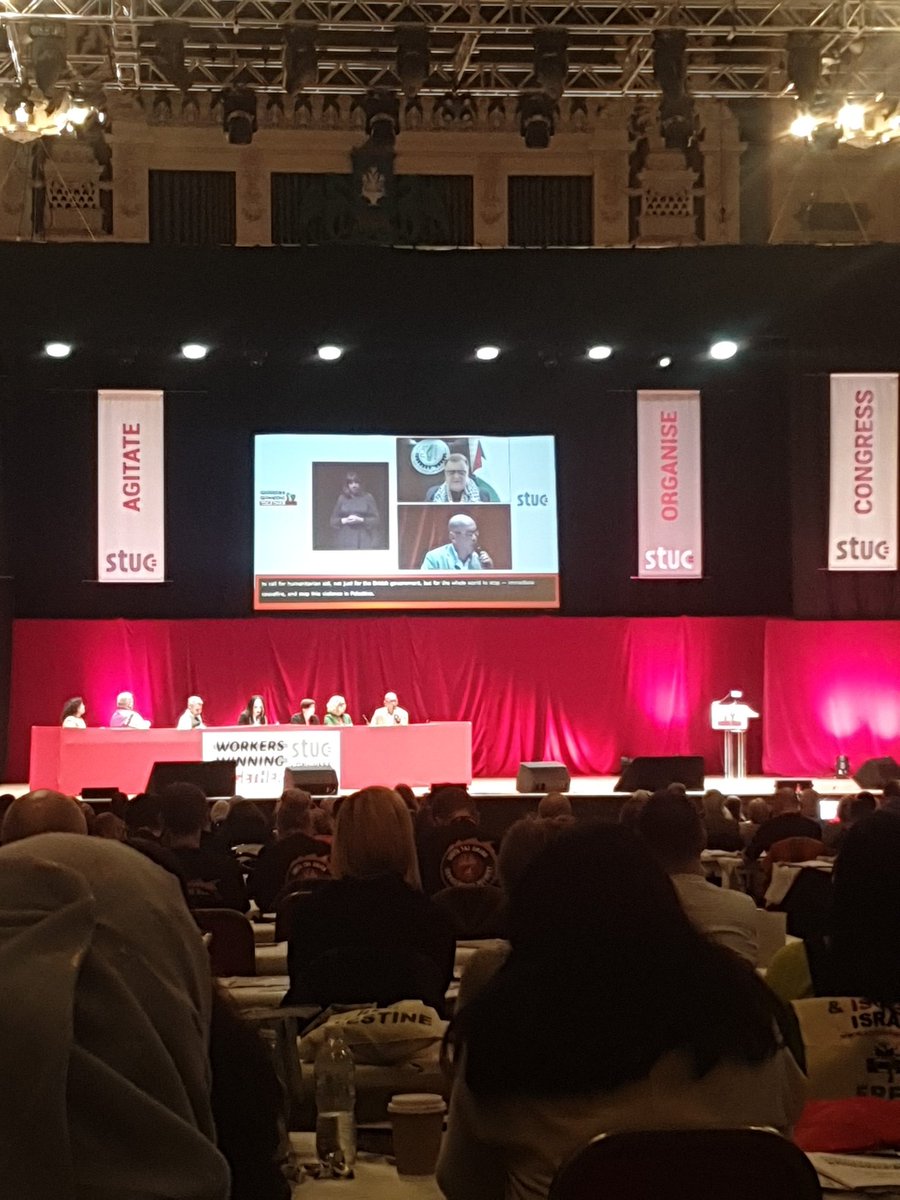 Shaher Saed, General Secretary of the Palestine General Federation of Trade Unions is outlining to #STUC24 the horrific humanitarian situation facing the Palestinian population in Gaza.

Ceasefire now. 🇵🇸❤