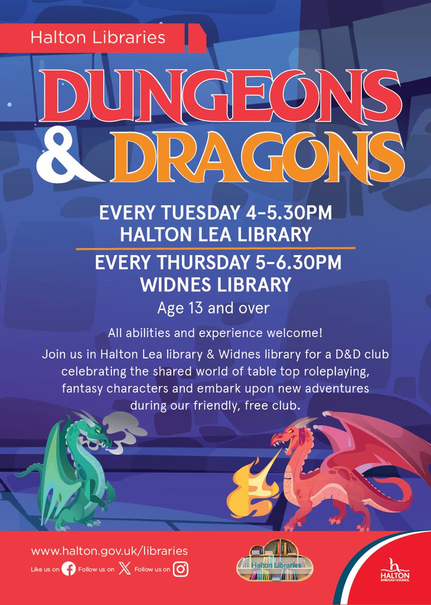 📣 NEW!!! 📣 We're so excited to announce that Dungeons and Dragons will be starting at Widnes Library TOMORROW evening from 5-6:30pm!!!! Whether you're a novice or a seasoned pro, drop in and join us and let the games begin!