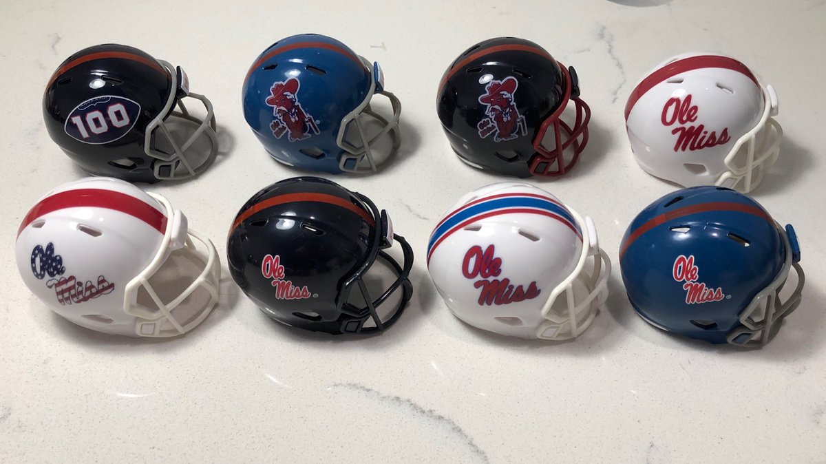 🚨 NEW mini helmet set — OLE MISS • 1969 CFB 100 • 1970s powder blue Reb • 1979-82 navy Reb • 1995-2024 navy Ole Miss • 2018 white • 2018 white patriotic • 2021 Sugar Bowl • 1983-2024 powder blue Ole Miss Message for pricing/info/ordering