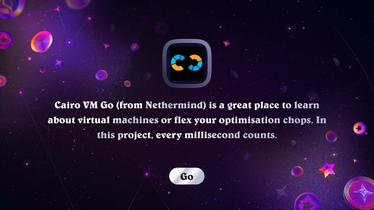 OnlyDust_com's tweet photo. 🫡 Let's start introducing the projects in the third #ODHack edition! That way you can familiarize yourself a bit before starting.

🔥 First up, we're super happy to have Cairo VM Go onboard (from @NethermindStark)! 

Because we had quite a bit of Go contributors last time, this will make a few happy 😉.  

Join us in our TG group for the latest info: https://t.co/7lSOJi6L5B