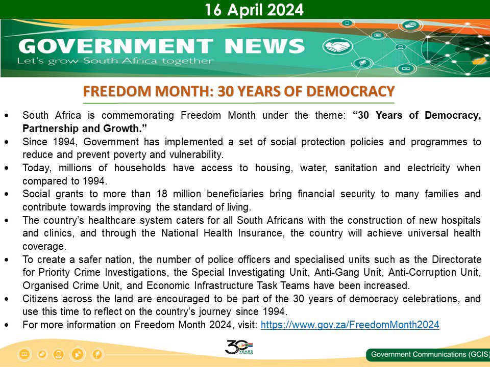 South Africa commemorates Freedom Month under the theme '30 years of democracy, partnership and growth.'

Let's use this time to reflect on the country's journey since 1994.

#FreedomMonth2024 
#Freedom30
#30yearsoffreedom