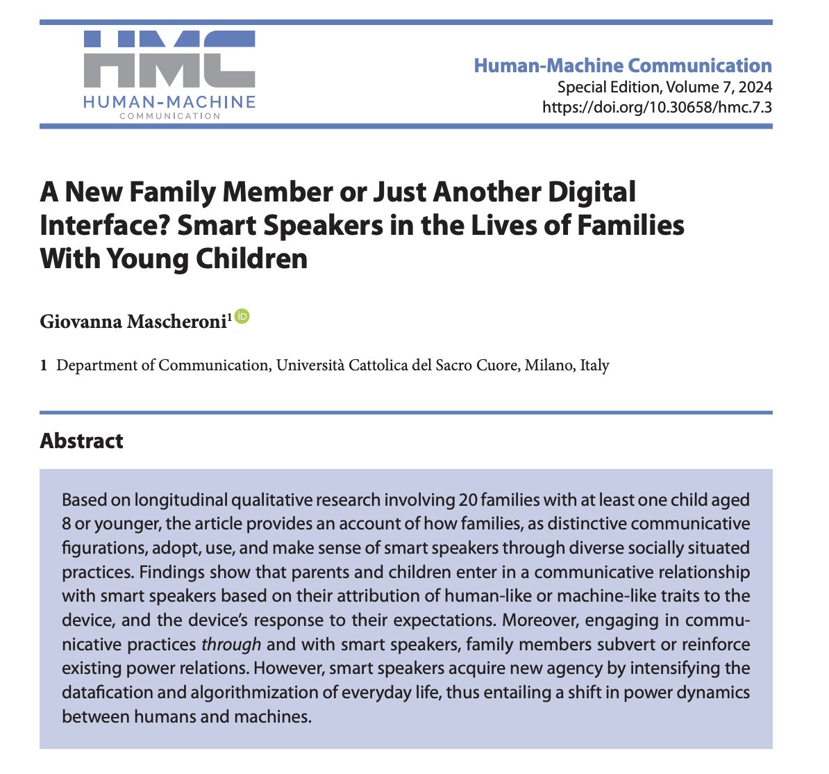 Giovanna Mascheroni explores the role of smart speakers in the lives of families in the latest special issue on Mediatization. #hmc