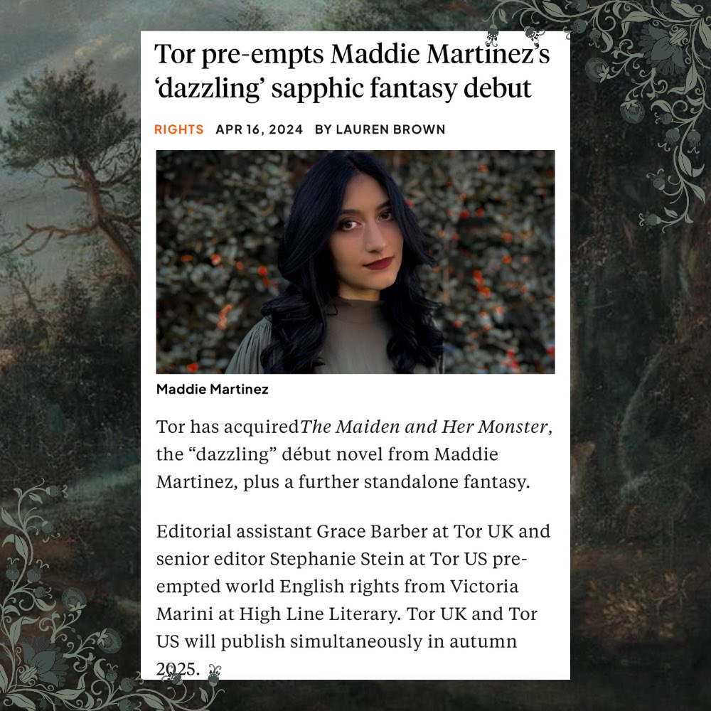 maddiesmartinez's tweet photo. 🥀I’M GONNA TO BE A PUBLISHED AUTHOR🥀

An absolute dream come true to announce my debut adult fantasy, THE MAIDEN AND HER MONSTER, a sapphic reimagining of the Jewish myth of golem, will be published by @torbooks and @UKTor in Fall 2025! https://t.co/kQEqhmCCaW