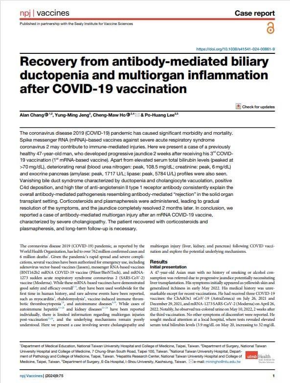 Covid Vaccines are linked to autoimmune liver disease.

Spike messenger RNA (#mRNA)–based vaccines against severe acute respiratory syndrome coronavirus 2 may contribute to immune-mediated injuries. 

 'previously healthy 47-year-old man, developed progressive jaundice 2 weeks…