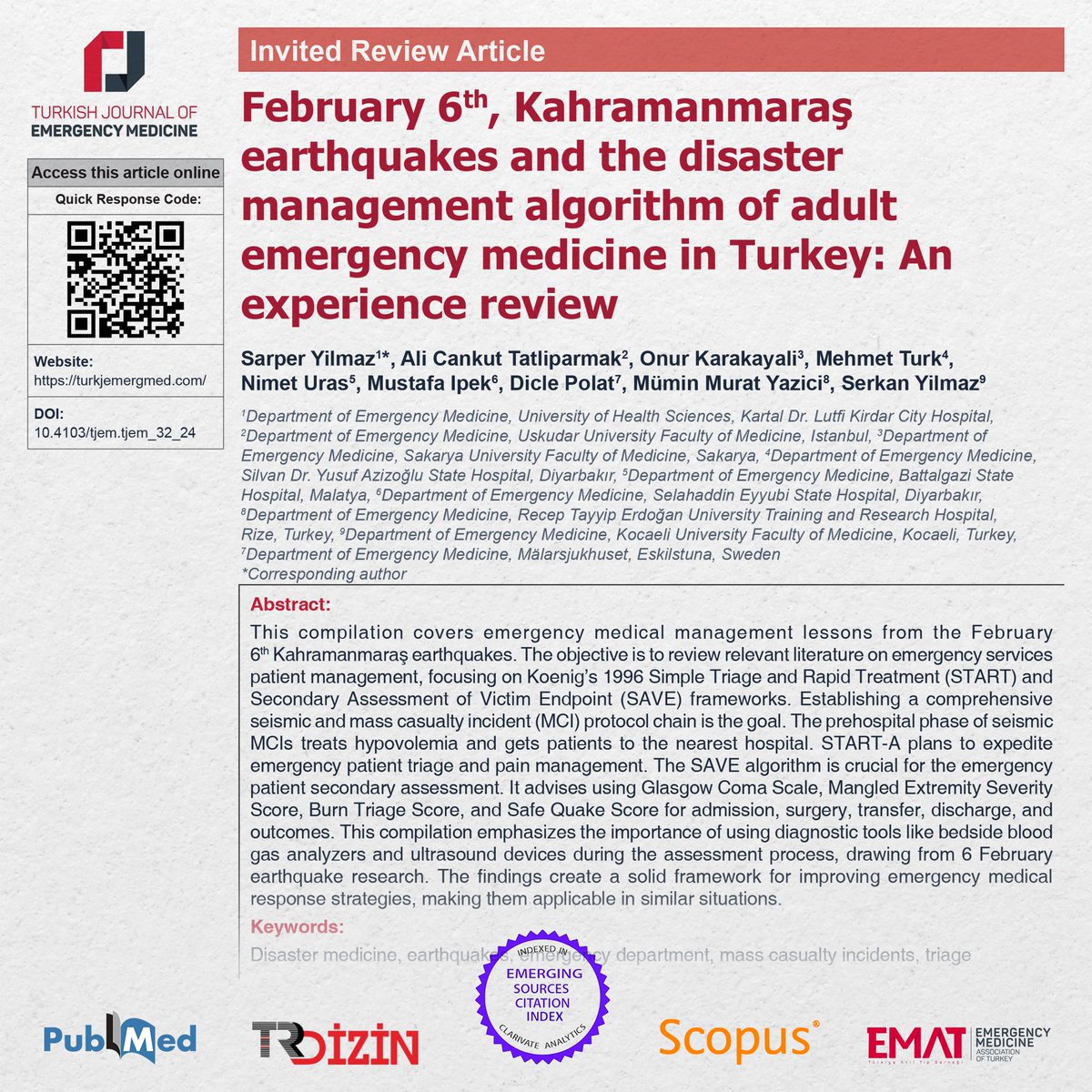 Article from 2024/2: Yılmaz et al. February 6th, Kahramanmaraş earthquakes and the disaster management algorithm of adult emergency medicine in Turkey: An experience review #TurkJEmergMed #FOAMed #MedEd #EmergencyMedicine #EvidenceBasedMedicine
 Full text: buff.ly/3U1nHZP