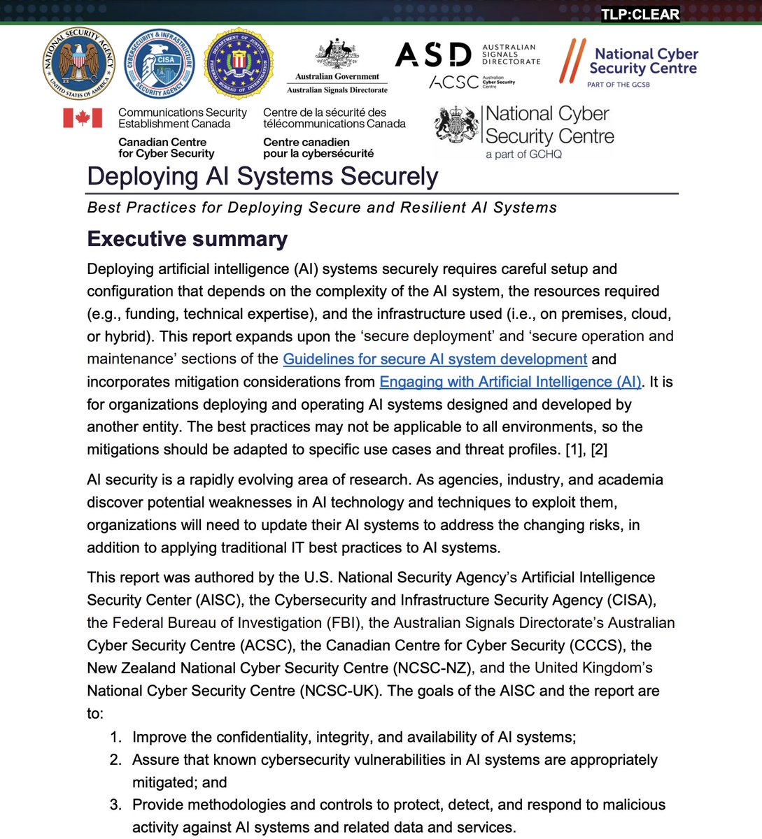 🚨BREAKING: The US, Australia, Canada, New Zealand, and the UK publish the joint cybersecurity information sheet 'Deploying AI Systems Securely.' Quotes: 'Understand the organization’s risk level and ensure that the AI system and its use is within the organization’s risk