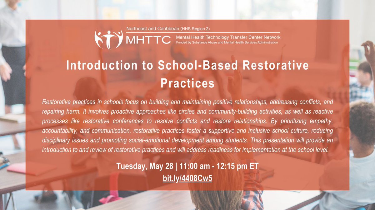 New webinar!

Introduction to School-Based Restorative Practices
🗓️ Tuesday, May 28
⏰ 11:00 am - 12:15 pm ET

Register now ➡️ buff.ly/4426vIj