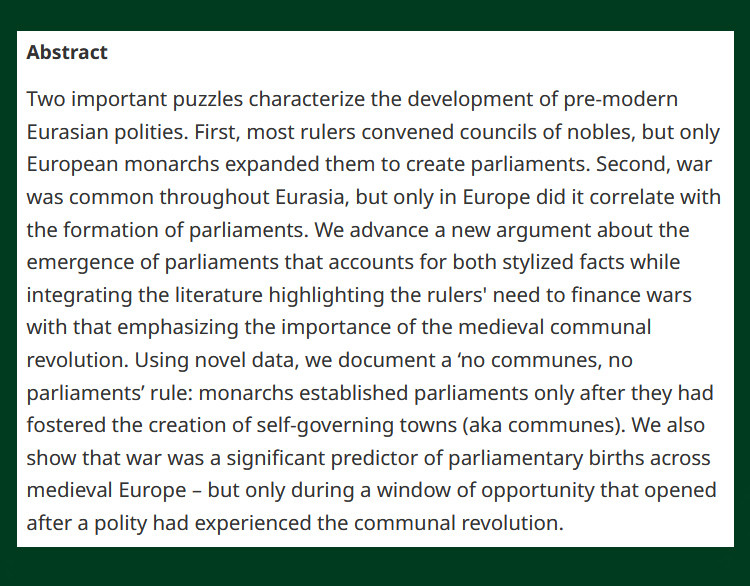 #OpenAccess from our new issue - Window of Opportunity: War and the Origins of Parliament - cup.org/3xhbpVm - Gary W. Cox (@Stanford), Mark Dincecco (@umichpolisci) & Massimiliano Gaetano Onorato (@DSE_Unibo)