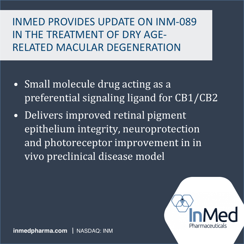 InMed Provides Update on INM-089 in the Treatment of Dry Age-Related Macular Degeneration

Read news release: ow.ly/3i6k50RgNSK

$INM #news #macular #degeneration #AMD #AMDresearch #AMDstudies #cannabinoids