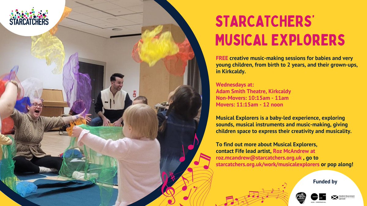 ⭐️New time for Musical Explorers sessions⭐️ Musical Explorers is back tomorrow 🎶 If you are a family living in, or near #Kirkcaldy, join us for free creative music-making sessions at @onfife Adam Smith Theatre at the new time of: ⭐️Non-movers: 10:15am-11am ⭐️Movers: 11:15am-12pm