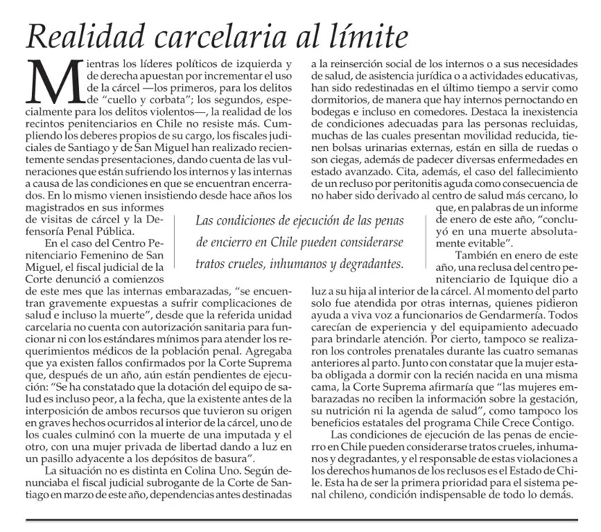 redaccioncarcel's tweet photo. Editorial "Realidad carcelaria al límite" de @ElMercurio_cl:

«Las condiciones de ejecución de las penas de encierro en Chile pueden considerarse tratos crueles, inhumanos y degradantes, y el responsable de estas violaciones a los DDHH de los reclusos es el Estado de Chile.» https://t.co/VM1vmmgcpL