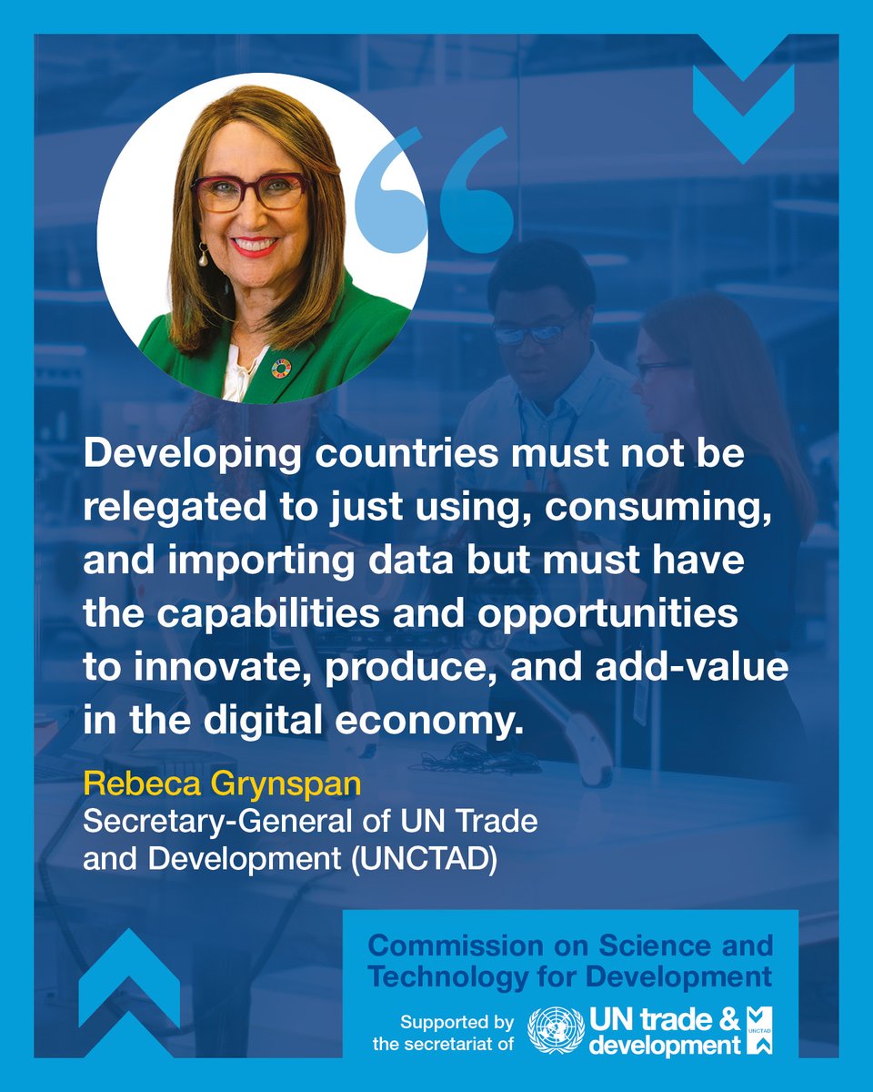 The data-driven revolution fuels rapid but uneven progress, threatening to leave benefits in the hands of a privileged few. At #CSTD27, @UNCTAD chief @RGrynspan renews calls for stronger global cooperation in science, tech & innovation to change course. unctad.org/osgstatement/c…