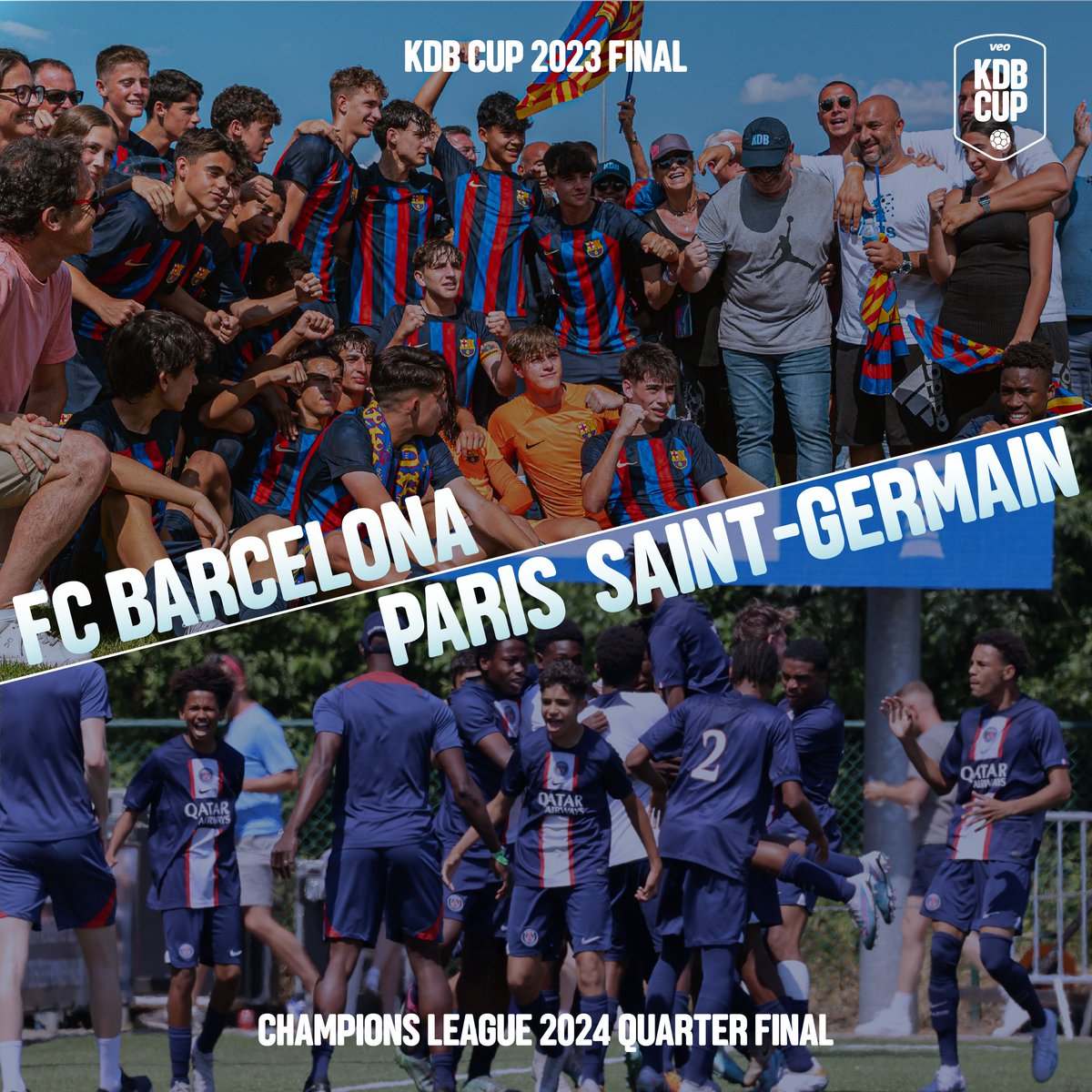 A familiar match up in tonight's Champions League Quarter Final: a replay of our 2023 Final between FC Barcelona & PSG. Who comes out on top and can Cubarsí and Gonçalo Ramos – who have both played at our Cup – rise to the occasion? Drop your predictions below 👇 #veokdbcup2024