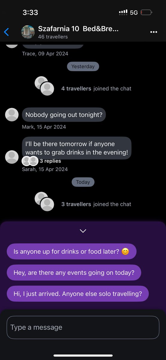 Acabo de descubrir que en la página donde reservo los hostels, cuando uno reserva en un lugar, se le abren opciones de chats del lugar en actividades específicas y entonces la gente puede encontrar gente para salir a comer o de fiesta o así donde están. Está mamadisimo