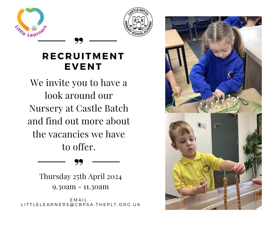 Are you looking for a career in Early Years? We have an apprentice vacancy, starting in September 2024. We also have full and part time roles available for qualified practitioners, starting soon! Contact us with any questions or for more information @mrstayloryr5 @LL_CastleBatch